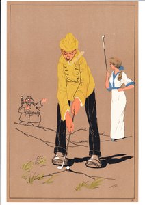 Une impression de deux golfeurs dans des postures comiques et humoristiques, vers 1920 - English School