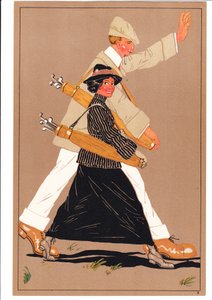Une gravure de deux golfeurs dans des postures comiques et humoristiques, vers 1920