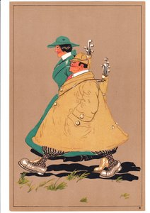 Impression de deux golfeurs dans des postures comiques et humoristiques, vers 1920