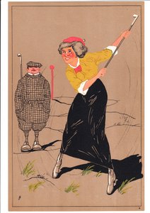 Impression de deux golfeurs dans des postures comiques et humoristiques, vers 1920 - English School