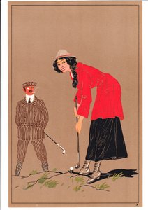 Impression de deux golfeurs dans des postures comiques et humoristiques, vers 1920 - English School