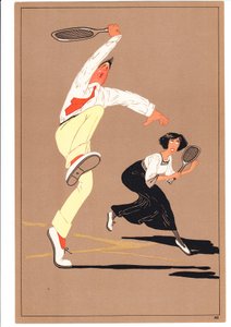Une estampe de deux joueurs de tennis dans des postures comiques et humoristiques, vers 1920 - English School
