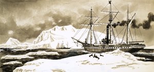 Un navire à vapeur entre les glaciers de l