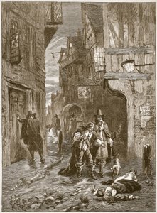 Une rue de Londres pendant la Grande Peste (illustration de Cassells Illustrated History of England) - English School