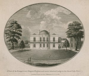 Vue de la très élégante, agréable et très admirée Loge du Ranger dans le Green Park, St James - English School