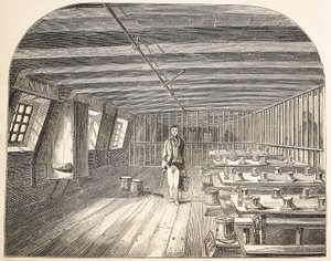 Un quartier à bord du Defence hulk aménagé pour le retour des condamnés au dîner, illustration de The Criminal Prisons of London and Scenes from Prison Life par Henry Mayhew et John Binny, pub. 18