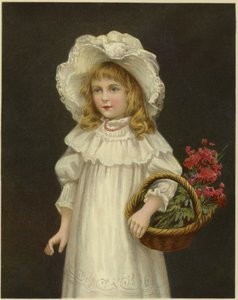Une jeune fille vêtue de blanc tenant un panier de fleurs rouges - English School
