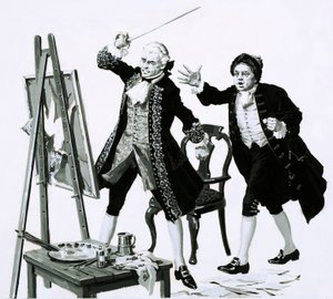 Un jeune homme a lacéré un portrait peu flatteur de son père par Hogarth avec une épée