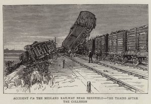 Accident sur le chemin de fer Midland près de Sheffield, les trains après la collision (gravure) - English School
