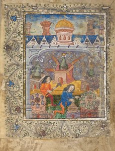 Sept fours avec alambics, entretenus par deux hommes, sous un toit avec une coupole et des cheminées, vers 1477