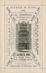 Publicité pour Alfred M Kino, tailleur, 40 Cornhill et 87 Regent Street, Londres - English School