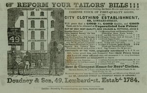 Publicité pour Doudney & Son, établissement de vêtements de la ville, 49 Lombard Street, Londres - English School