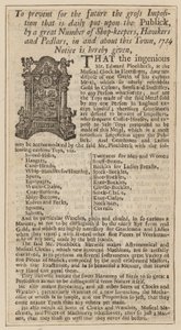 Publicité pour Edward Pinchbeck, Horloge musicale, Fleet Street, Londres, de 1734 - English School