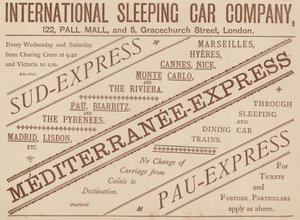 Publicité pour la Compagnie Internationale des Wagons-Lits, 122 Pall Mall et 5 Graceshurch Street, 1888 - English School