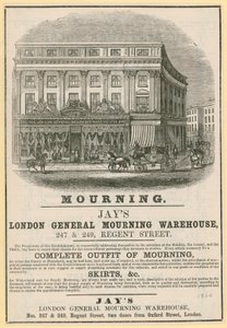 Publicité pour Jays, London General Mourning Warehouse, 247 & 249 Regent Street, Londres - English School