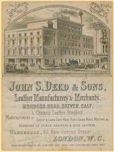 Publicité pour John S Deed & Sons, fabricants et marchands de cuir, 451 New Oxford Street, Londres - English School
