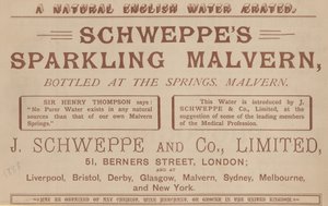 Publicité pour Schweppes Sparkling Malvern, embouteillé aux sources, Malvern - English School