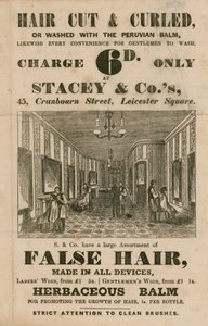 Publicité pour Stacey & Co., 45 Cranbourne Street, Leicester Square, Londres, coiffeurs - English School