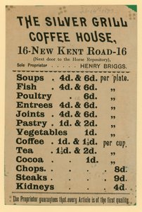 Publicité pour The Silver Grill Coffee House, 16 New Kent Road, Londres