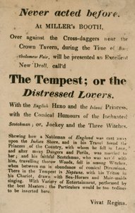 Annonce pour La Tempête; ou, Les Amants en détresse, jouée au Millers Booth, Cross Daggers, près de la Crown Tavern - English School