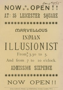 Publicité pour un illusionniste indien apparaissant au 35 Leicester Square, Londres - English School