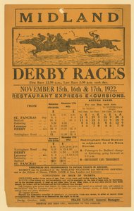 Annonce pour une excursion ferroviaire aux courses de Midland Derby, 15-17 novembre 1922 - English School