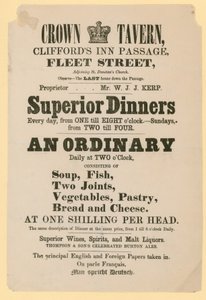 Publicité pour le Crown Tavern, Cliffords Inn Passage, Fleet Street, Londres - English School