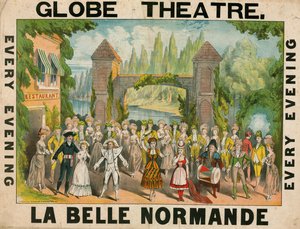 Annonce pour le Théâtre du Globe, Londres, pour La Belle Normande - English School