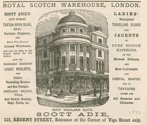 Publicité pour le Royal Scotch Warehouse, 115 Regent Street, Londres - English School
