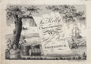 Publicité pour John Kelly, fromager, 98 High Street, Shoreditch, Londres - English School