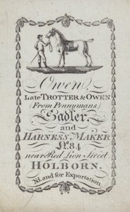 Publicité pour Owen, sellier et fabricant de harnais, Londres - English School