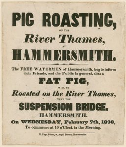 Publicité pour le rôtissage de porc sur la rivière Thames - English School