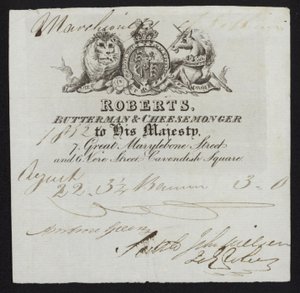 Publicité pour Roberts, fromager et crémier, Londres - English School