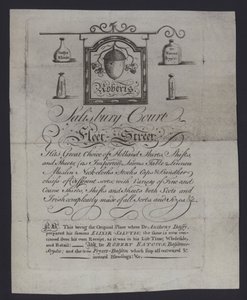 Publicité pour Roberts, marchands de tissus, Salisbury Court, Fleet Street, Londres, où le Dr Anthony Daffy a préparé son Elixir Salutis - English School