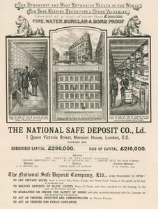 Publicité pour la National Safe Deposit Company, 1 Queen Victoria Street, Mansion House, Londres