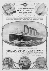 Publicité pour le savon de toilette Vinolia Otto, utilisé sur le "Titanic", tirée de "The Illustrated London News", 6 avril 1912 (gravure) (photo nb)