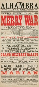 Publicité pour le Royal Alhambra Theatre, avec Merry War de F Bell et Richard Genee avec musique de Johann Strauss - English School