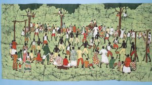Batik africain, illustrant un match de football avec des spectateurs regardant