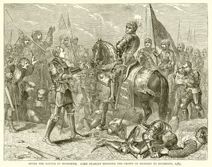 Après la bataille de Bosworth. Lord Stanley apportant la couronne de Richard à Richmond, 1483 - English School