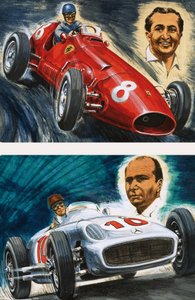 Alberto Ascari conduisant une Maserati (en haut) et Juan Manuel Fangio conduisant une Mercedes-Benz (en bas) - English School