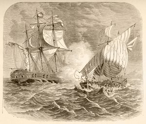 Un navire de la marine américaine capture un navire pirate algérien au large de la côte barbaresque pendant la Première Guerre barbaresque - English School