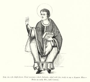 Un prêtre anglo-saxon portant une dalmatique noire, bordée de fourrure, prêt à dire une messe de requiem - English School