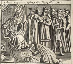 Un empereur baisant les pieds du pape, illustration des Actes et Monuments de John Foxe, neuvième édition, pub. 1684 - English School