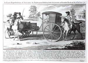 Représentation exacte de Maclaine le bandit de grand chemin volant Lord Eglington sur Hounslow Heath le 26 juin 1750 - English School