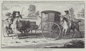 Représentation exacte de Maclaine le bandit de grand chemin volant Lord Eglington sur Hounslow Heath le 26 juin 1750 (gravure) - English School