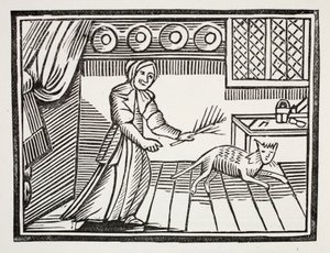 Une vieille femme fouettant son chat pour avoir attrapé des souris un dimanche, illustration de Chap-books du XVIIIe siècle par John Ashton, pub. 1882
