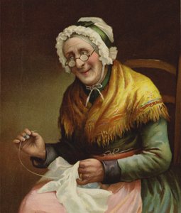 Une vieille femme cousant pour les pauvres
