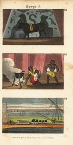 Ancienne idole égyptienne Osiris en tant que bœuf, Omar le Sarrazin brûlant la bibliothèque de Ptolémée Soter en 642 et troupes de Napoléon emportant la tombe d