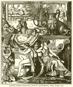 Mobilier grec ancien, instruments de musique, vases, masques, etc. (gravure) - English School
