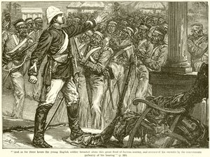 Et ainsi pendant trois heures, le jeune soldat anglais a affronté seul ce grand flot de mutinerie furieuse... - English School